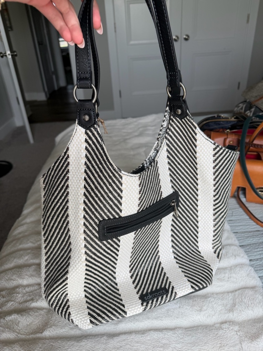 Black & White Striped Tote Bag with Front Zip Pocket